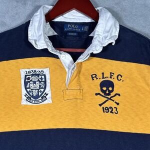 Polo Ralph Lauren Rugby Shirt Mens L Blue Yellow Skull Crossbones Classic Fit